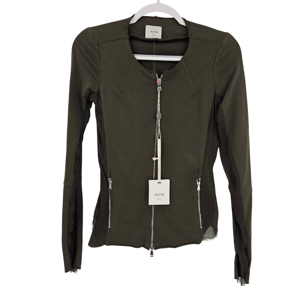 Alysi Cropped Jacket Army Green Zip Up Mesh Side Avant Garde Silk Italy NWT 6